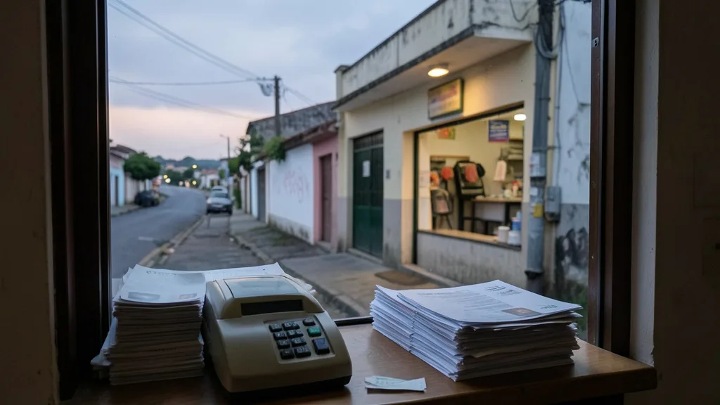 Imagem gerada por IA: Fachada discreta de uma lanchonete em uma rua de bairro, com documentos financeiros visíveis no interior.