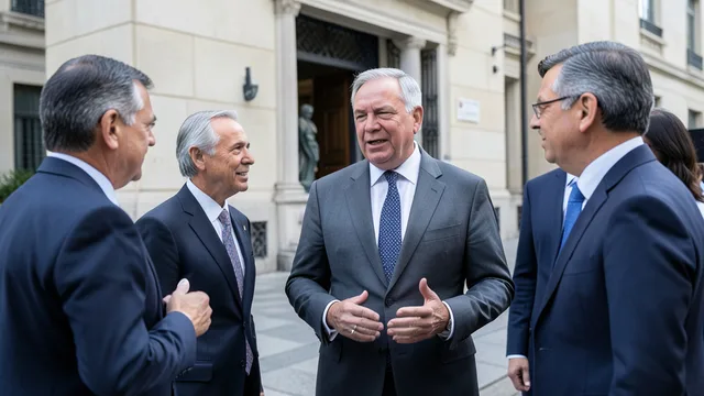 Imagem gerada por IA: Christopher Landau em visita diplomática diante de um prédio oficial em Buenos Aires.