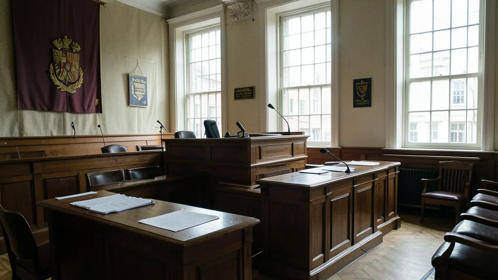 Imagem gerada por IA: Sala de tribunal vazia em Londres, com bancos de madeira e a bancada do juiz.