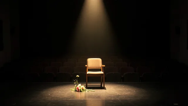 Imagem gerada por IA: Palco vazio iluminado por um refletor, com uma cadeira e flores em homenagem à atriz.