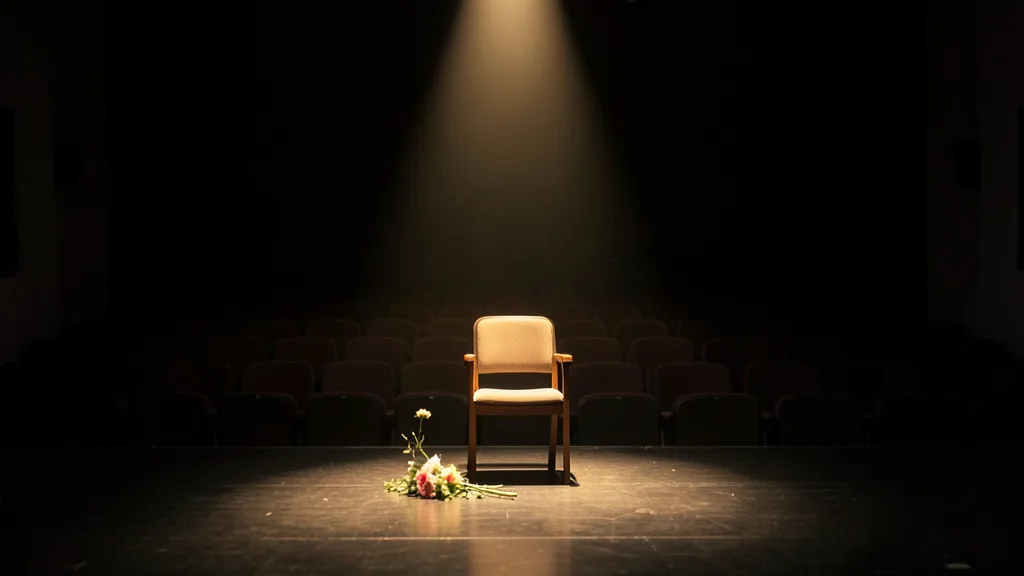 Imagem gerada por IA: Palco vazio iluminado por um refletor, com uma cadeira e flores em homenagem à atriz.