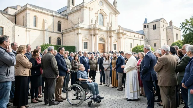Família com uma criança em cadeira de rodas entre peregrinos diante do santuário de Lourdes.