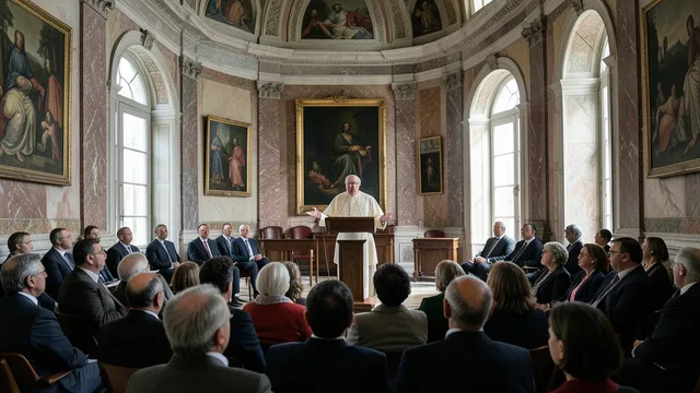 Imagem gerada por IA: Papa Leão XIV discursa em um auditório diante de participantes de um congresso.