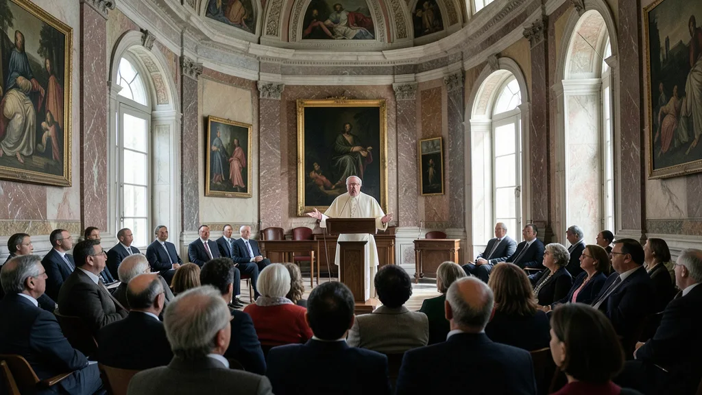 Imagem gerada por IA: Papa Leão XIV discursa em um auditório diante de participantes de um congresso.