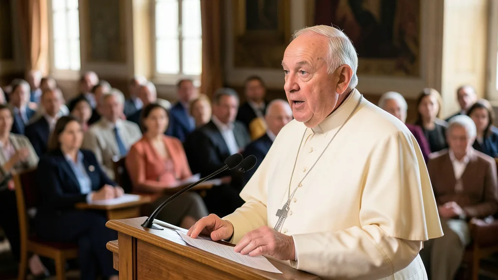 Imagem gerada por IA: Papa Leão XIV discursa em um congresso no Vaticano, diante de educadores.