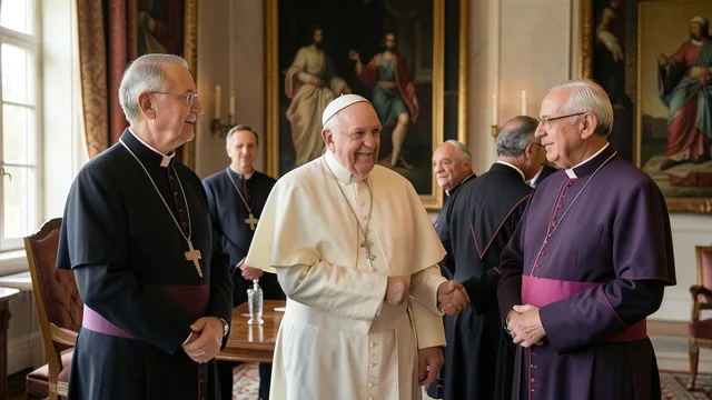 Imagem gerada por IA: Papa Leão XIV recebe bispos americanos em uma sala do Vaticano.