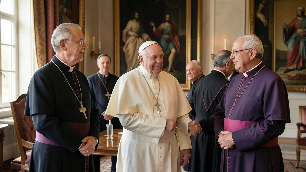 Imagem gerada por IA: Papa Leão XIV recebe bispos americanos em uma sala do Vaticano.