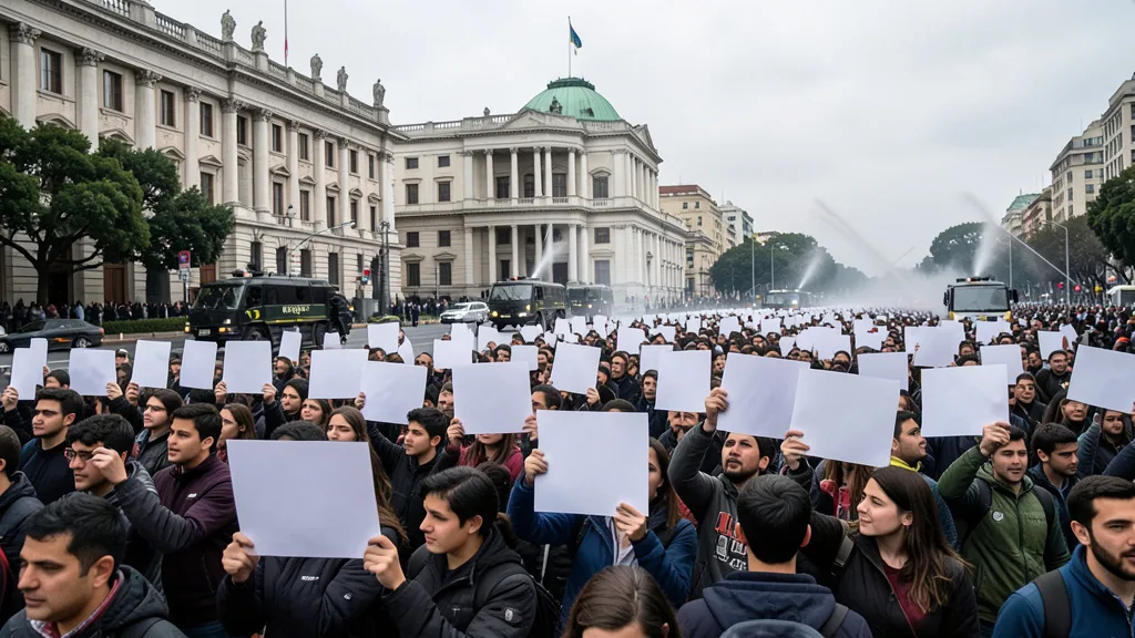 Imagem gerada por IA: Manifestantes em protesto diante do Congresso argentino, em Buenos Aires.