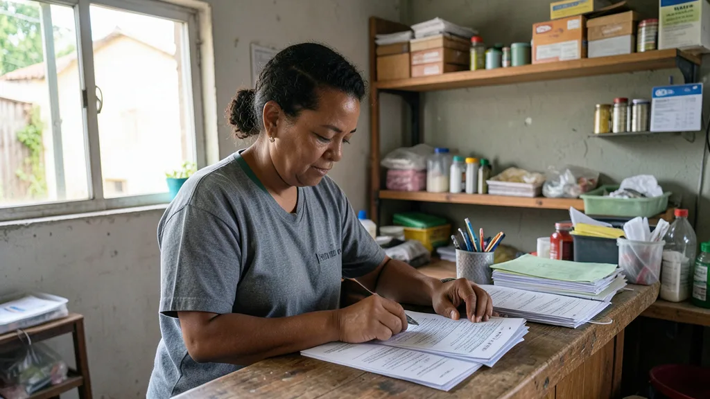 Imagem gerada por IA: Microempreendedor revisa documentos em um pequeno negócio.