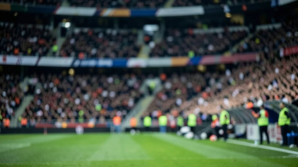 Imagem gerada por IA: Arquibancadas de estádio durante uma partida de futebol, com seguranças entre setores da torcida.