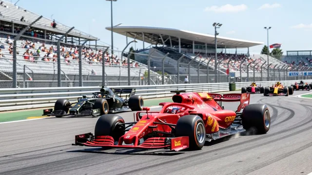 Imagem gerada por IA: Carros de Fórmula 1 aceleram por uma curva no Circuito das Américas, em Austin.