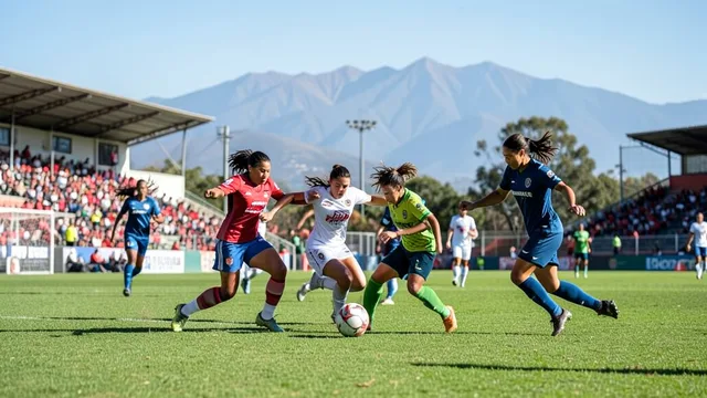 Imagem gerada por IA: Jogadoras disputam a bola em uma partida de futebol feminino em estádio de Quito.