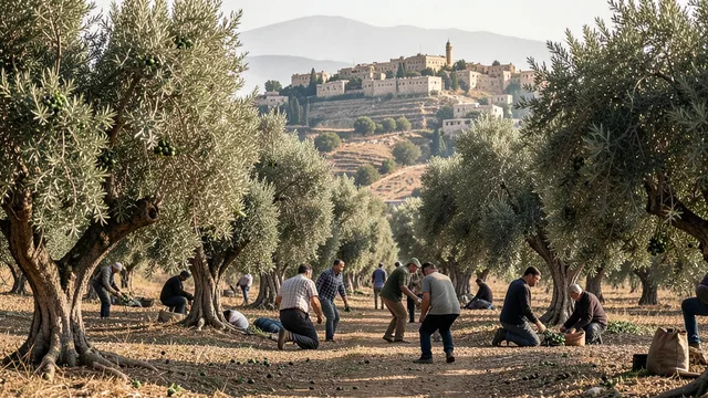 Imagem gerada por IA: Trabalhadores colhem azeitonas entre árvores antigas em uma aldeia palestina da Cisjordânia.
