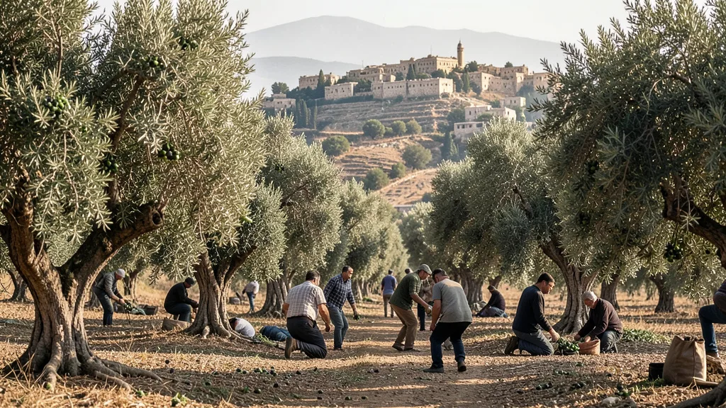 Imagem gerada por IA: Trabalhadores colhem azeitonas entre árvores antigas em uma aldeia palestina da Cisjordânia.