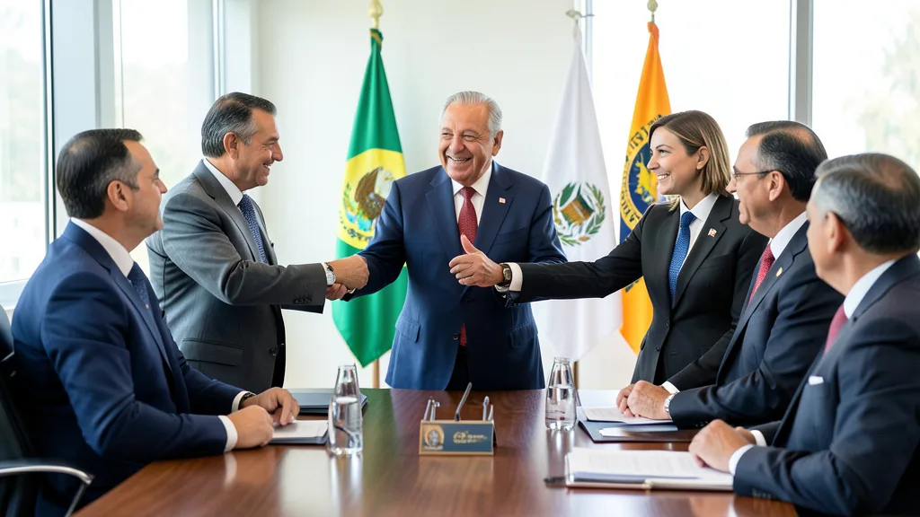 Imagem gerada por IA: Lula cumprimenta líderes latino-americanos em uma recepção diplomática.