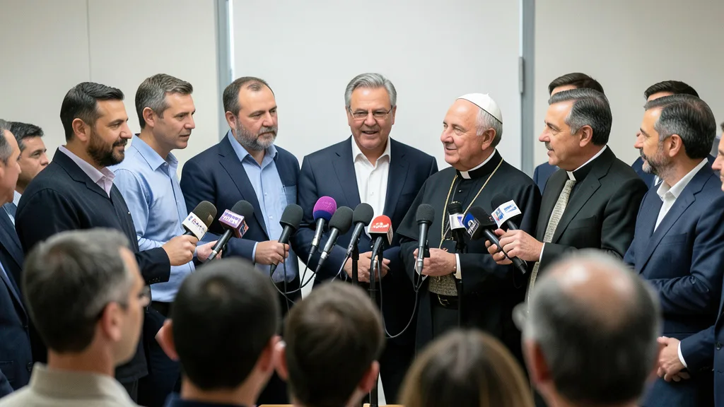 Imagem gerada por IA: Líderes cristãos falam à imprensa durante um encontro após uma eleição.