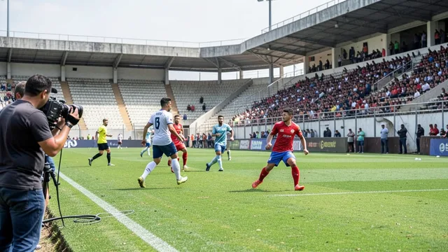 Imagem gerada por IA: Partida de futebol em estádio modesto, com equipe de filmagem registrando o jogo à beira do campo.