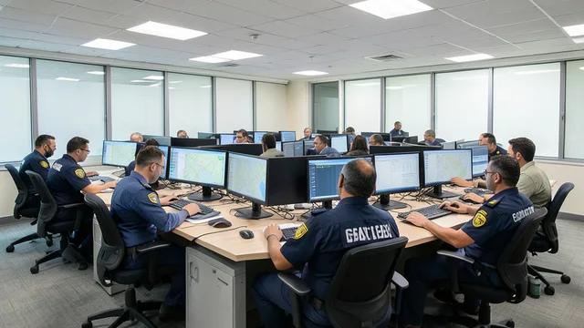 Imagem gerada por IA: Profissionais de segurança pública trabalham juntos em uma sala de operações.