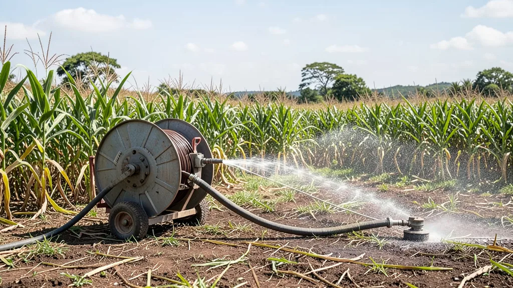 Imagem gerada por IA: Carretel móvel irriga uma plantação de cana-de-açúcar no campo.