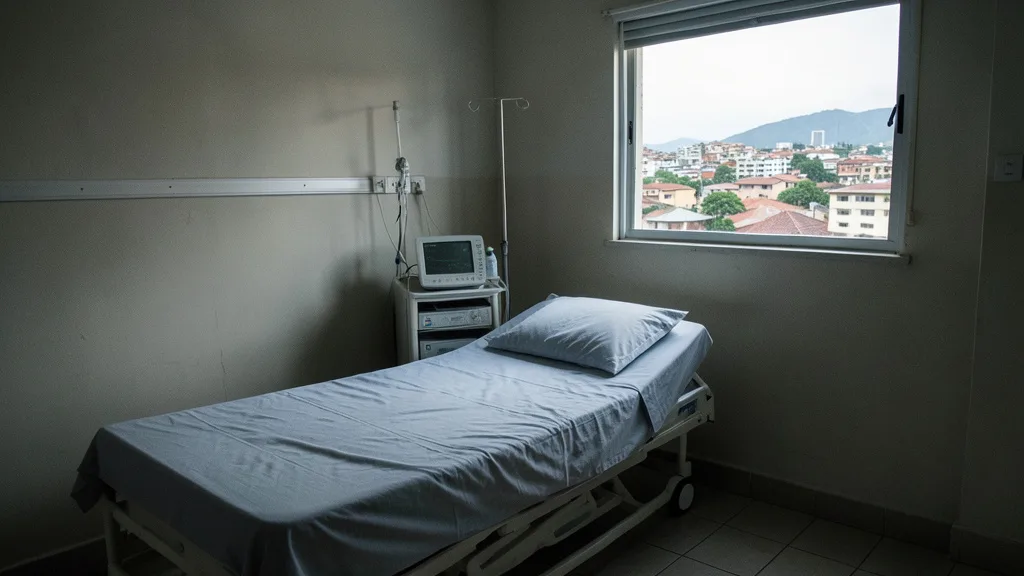 Imagem gerada por IA: Quarto hospitalar vazio, com equipamentos médicos e luz suave entrando pela janela.