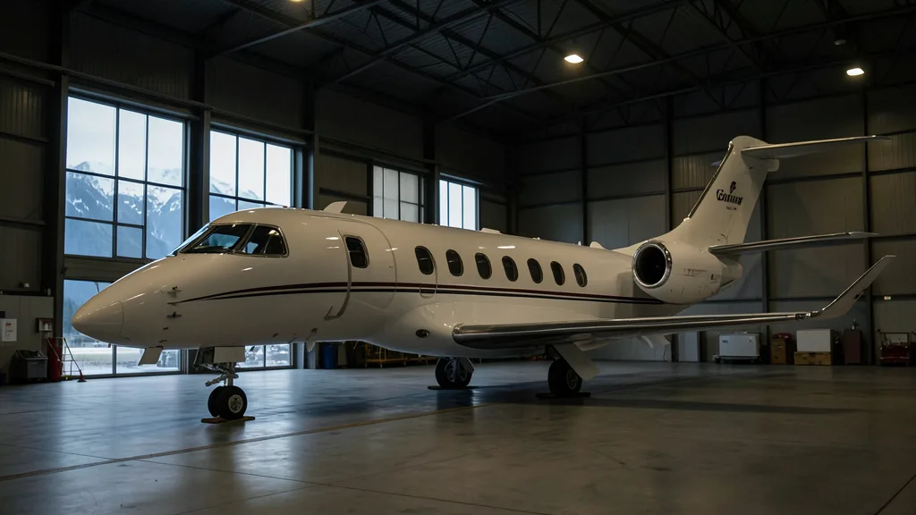 Jato executivo estacionado em um hangar de aeroporto, sob iluminação discreta.