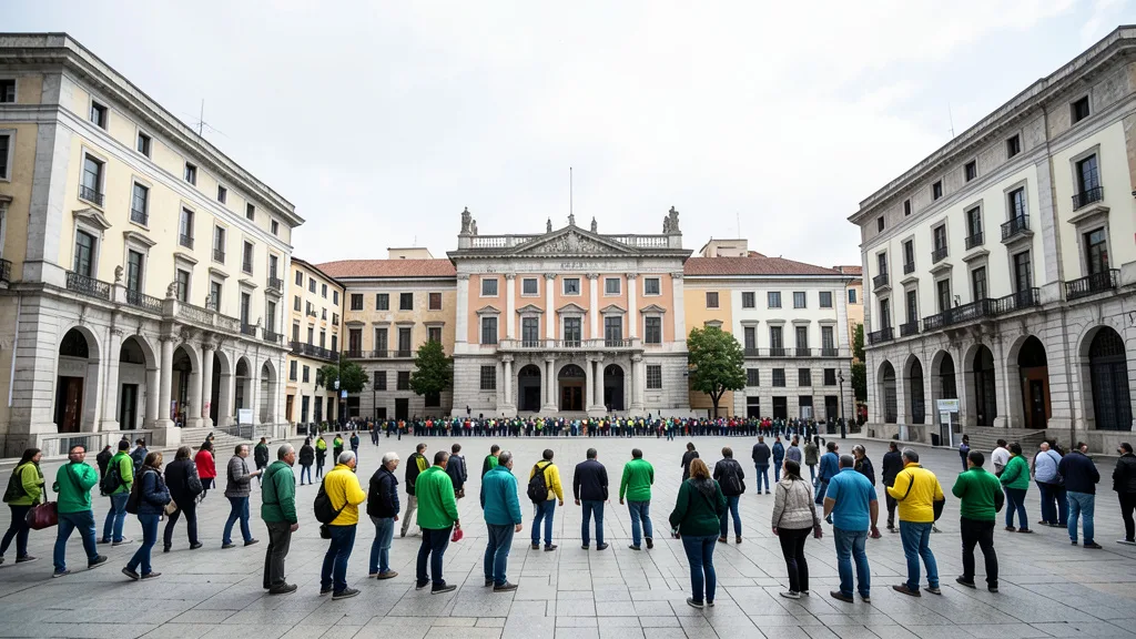 Imagem gerada por IA: Eleitores chegam à praça central da Universidade de Lisboa, onde funcionarão seções de votação.