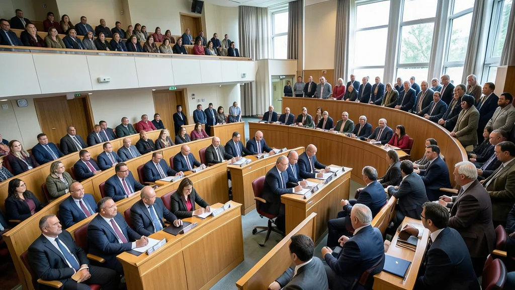 Imagem gerada por IA: Representantes tomam seus lugares no Parlamento sérvio, observados por pessoas na galeria.