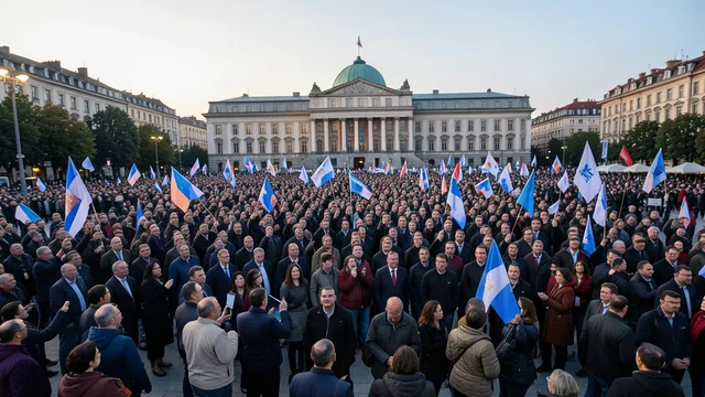 Imagem gerada por IA: Multidão celebra em uma praça de Belgrado após as eleições parlamentares na Sérvia.