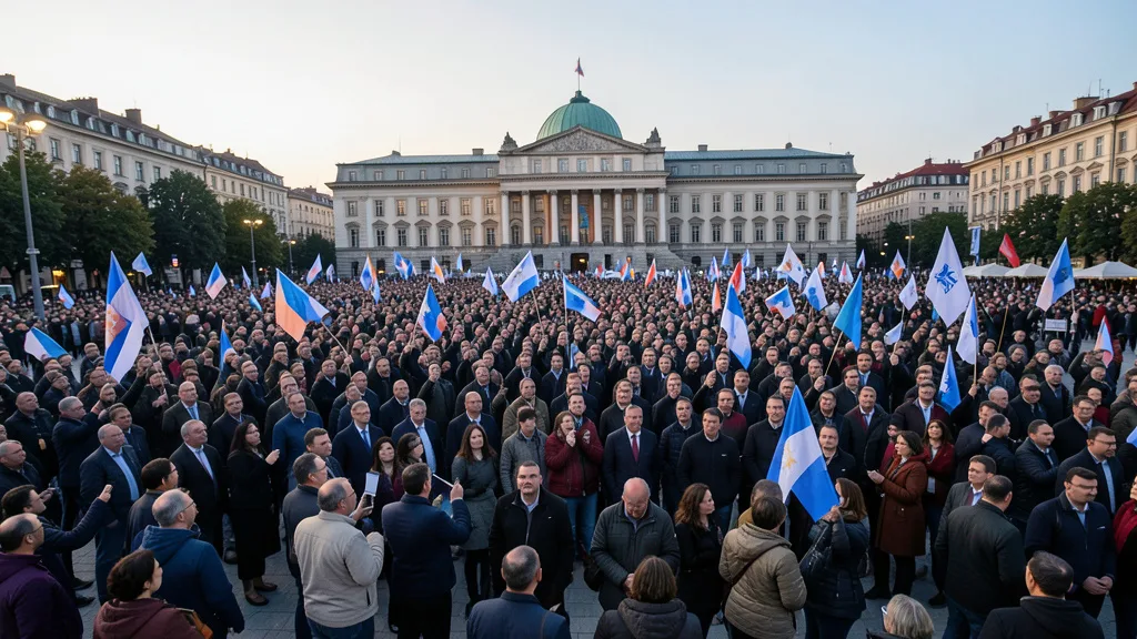 Imagem gerada por IA: Multidão celebra em uma praça de Belgrado após as eleições parlamentares na Sérvia.