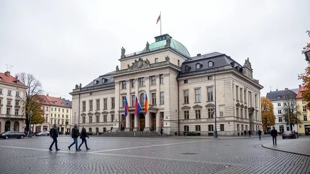 Imagem gerada por IA: Edifício do Parlamento da Letônia em Riga, com pedestres atravessando a praça em um dia nublado.