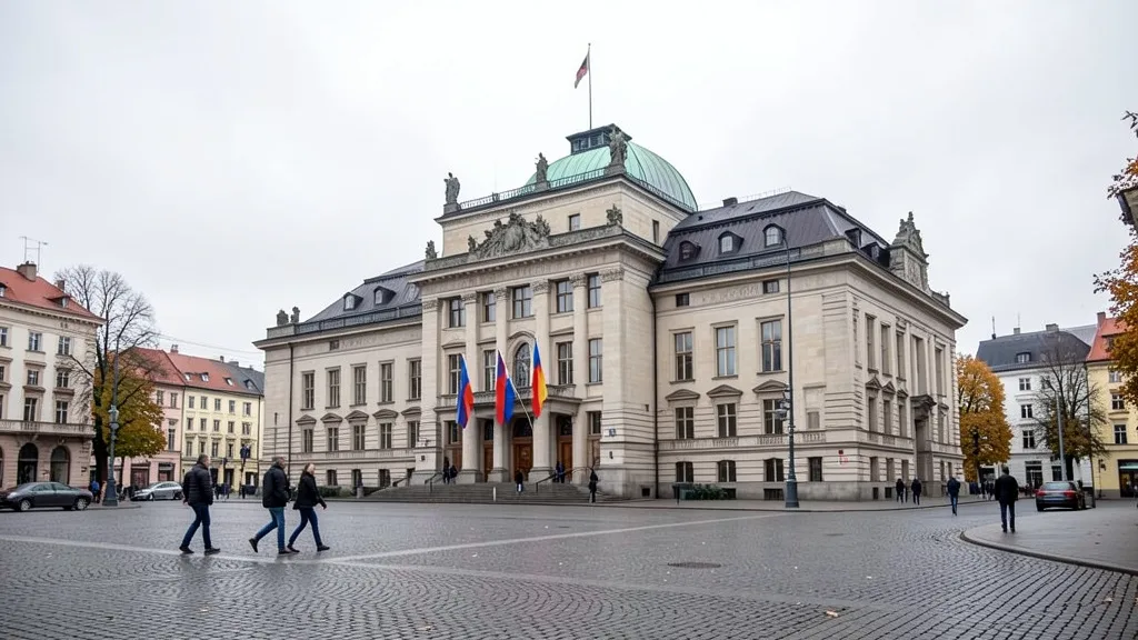 Imagem gerada por IA: Edifício do Parlamento da Letônia em Riga, com pedestres atravessando a praça em um dia nublado.