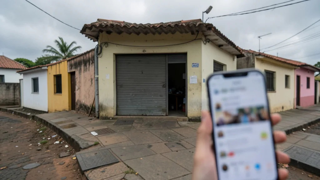 Imagem gerada por IA: Celular com publicações desfocadas diante de uma pequena loja.