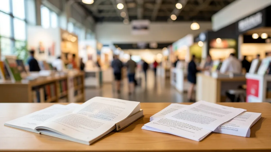 Imagem gerada por IA: Livro brasileiro ao lado de manuscritos de tradução em uma feira internacional do livro.