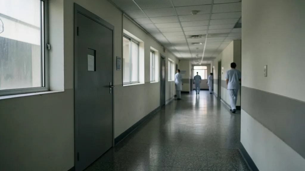 Corredor de hospital com acesso a uma unidade de terapia intensiva e profissionais ao fundo.