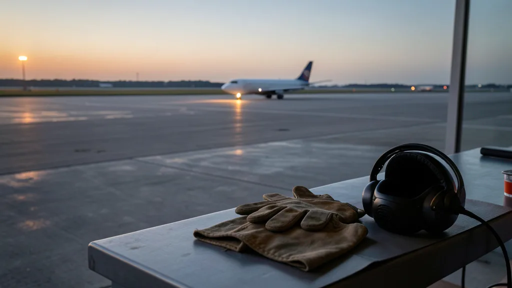 Pista de aeroporto ao entardecer, com avião ao fundo e equipamentos de aviação em primeiro plano.