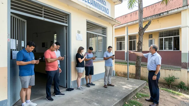 Imagem gerada por IA: Eleitores consultam seus celulares perto de uma escola usada como local de votação.