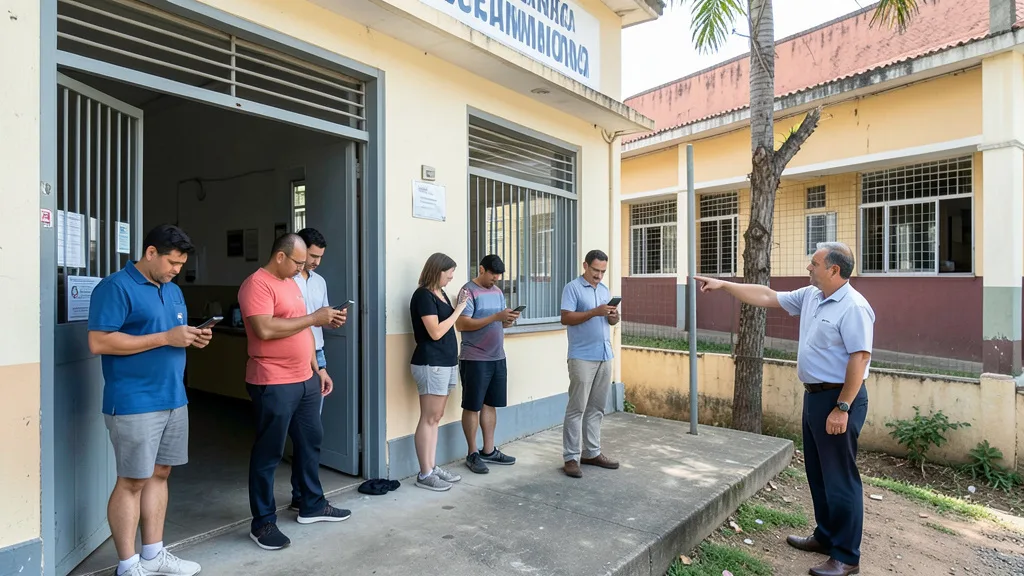 Imagem gerada por IA: Eleitores consultam seus celulares perto de uma escola usada como local de votação.