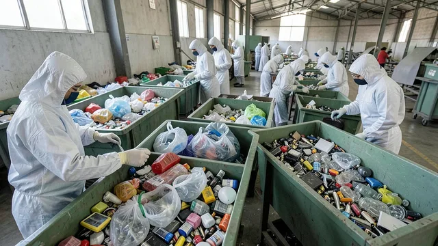 Imagem gerada por IA: Trabalhadores separam embalagens, eletrônicos e outros resíduos em uma central de reciclagem.
