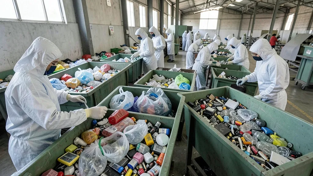 Imagem gerada por IA: Trabalhadores separam embalagens, eletrônicos e outros resíduos em uma central de reciclagem.