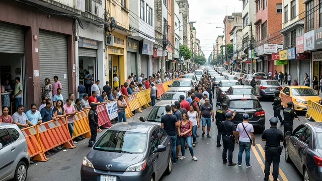 Imagem gerada por IA: Multidão em rua comercial do Brás, com policiais e barreiras organizando o trânsito.