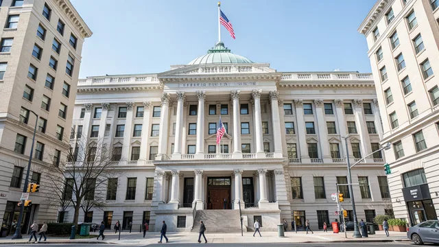 Imagem gerada por IA: Prédio do Federal Reserve em Washington, com a bandeira dos Estados Unidos ao lado.