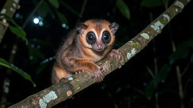 Imagem gerada por IA: Lóris-lento-de-Bangka de olhos grandes apoiado em um galho de árvore à noite.