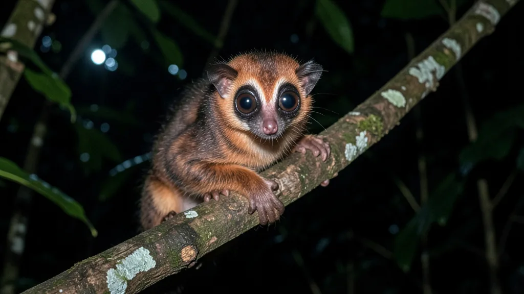 Imagem gerada por IA: Lóris-lento-de-Bangka de olhos grandes apoiado em um galho de árvore à noite.