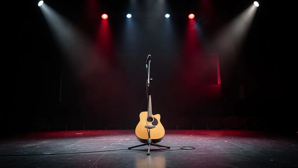 Imagem gerada por IA: Palco vazio com microfone, violão e iluminação dramática em tons de vermelho e preto.