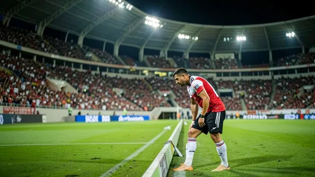 Imagem gerada por IA: Jogador genérico aquece à beira do campo em um estádio iluminado à noite.