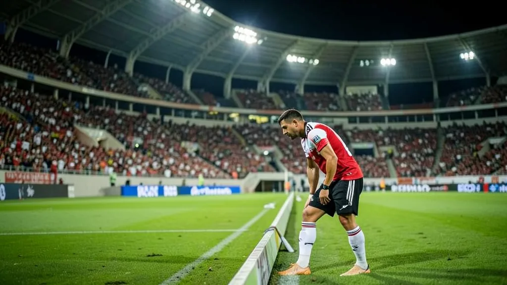 Imagem gerada por IA: Jogador genérico aquece à beira do campo em um estádio iluminado à noite.
