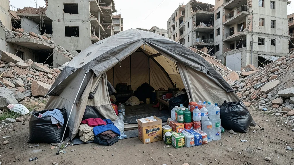 Imagem gerada por IA: Barraca e suprimentos em acampamento próximo a prédios danificados por terremoto.