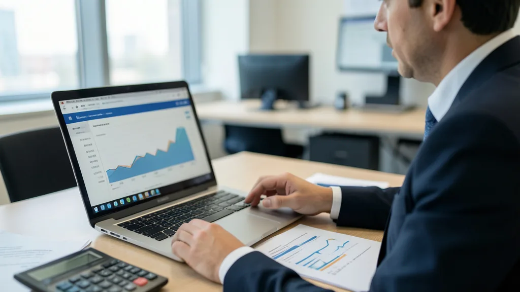 Imagem gerada por IA: Investidor analisa documentos de fundos diante de um computador e uma calculadora.