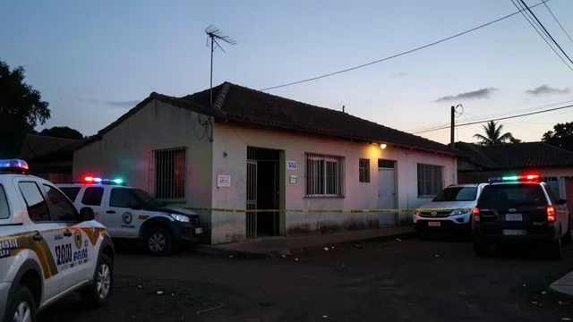 Imagem gerada por IA: Casa em Catanduva isolada durante ocorrência policial, com viaturas estacionadas nas proximidades.