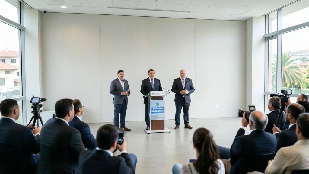 Imagem gerada por IA: Evento institucional com autoridades diante de jornalistas em um espaço moderno.